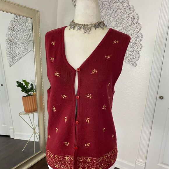 Ali Miles Nostalgia Vintage Fall Embroidered Cotton Burgundy Red Button Vest M - Picture 6 of 8